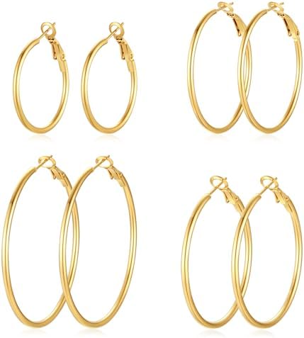 4 Pairs Silver Gold Hoop Earrings for Women 14K Gold Plated Hoop Earrings Set Hypoallergenic Earring Lightweight Dangle Earrings Set