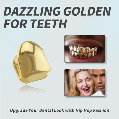 4 Pcs Gold Plated Gold Tooth Cap And Cuban Link Bracelet For Men Hip Hop Teeth Accessories Plain Single Tooth Cap For Teeth Mouth Realistic Fake Teeth Grills For Party Open Face Front Tooth Caps
