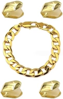 4 Pcs Gold Plated Gold Tooth Cap and Cuban Link Bracelet for Men Hip Hop Teeth Accessories Plain Single Tooth Cap for Teeth Mouth Realistic Fake Teeth Grills for Party Open Face Front Tooth Caps