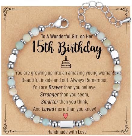 4mm Natural Stone Bracelet with Birthday Cards 6-21 Year Old Birthday Gifts for Girls Daughter Granddaughter Niece Sister Women Friends