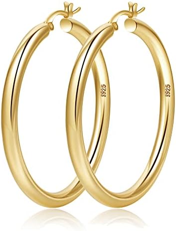 4mm Thick Gold Chunky Earrings Steling Silver Post Hoops Earrings For Women Hollow Tube Hoops Earrings Thick Gold Hoop Earrings Hypoallergenic Lightweight Gold Hoop Large Earrings 20/30/40/50/60MM