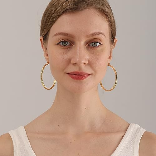 4mm Thick Gold Chunky Earrings Steling Silver Post Hoops Earrings For Women Hollow Tube Hoops Earrings Thick Gold Hoop Earrings Hypoallergenic Lightweight Gold Hoop Large Earrings 20/30/40/50/60MM