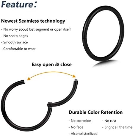 4Pcs 16G 18G 20G Surgical-Steel-Piercing-Ring-Nose-Rings-Hinged-Hoop-Earrings 6mm 8mm 10mm 12mm Seamless Stainless Steel Clicker Eyebrow Septum Piercing Hoop Sliver Black Gold Rose Gold Rainbow Body Jewelry Set