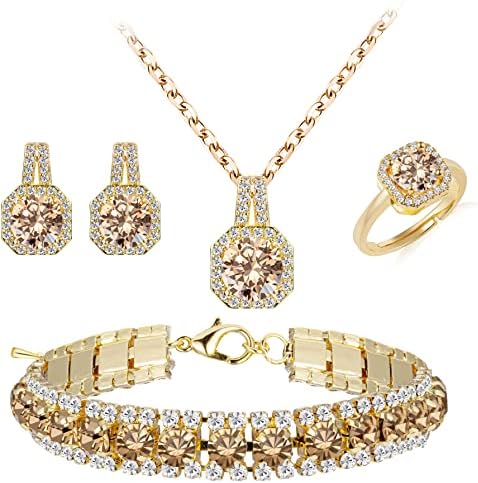 4pcs Cubic Zirconia Wedding Jewelry Sets for Bride Bridesmaid Cubic Zirconia Pendant Necklace Earrings Link Tennis Bracelet Open Ring Set for Women