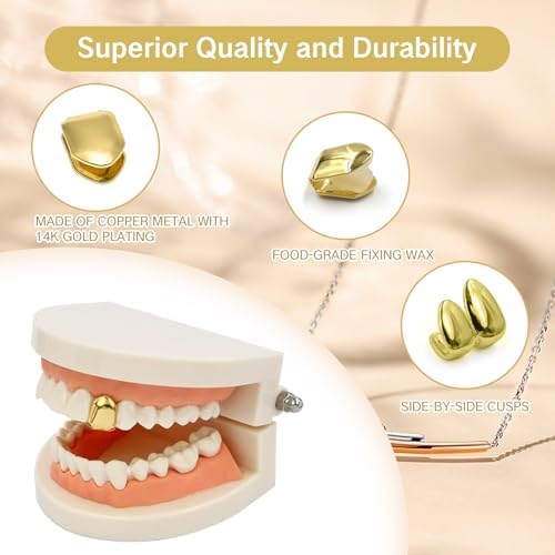 4PCS Gold Grills For Teeth Single Tooth Cap Gold Caps For Women And Men Hip Hop Grillz Dental Mouth Piece Fake Open Face Grills Kit Stylish Golds For Girls Painted Hip Hop Accessories