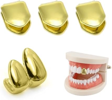 4PCS Gold Grills for Teeth Single Tooth Cap Gold Caps for Women and Men Hip Hop Grillz Dental Mouth Piece Fake Open Face Grills Kit Stylish Golds for Girls Painted Hip Hop Accessories