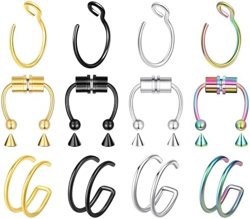 5-12 Pcs Nose Rings Hoops Nose Piercings Nose Piercing Jewelry Fake Nose Ring Fake Piercings Septum Lip Double Hoop Nose Ring Hoop Nose Rings for Women Clip On Helix Cartilage Hoop Earrings