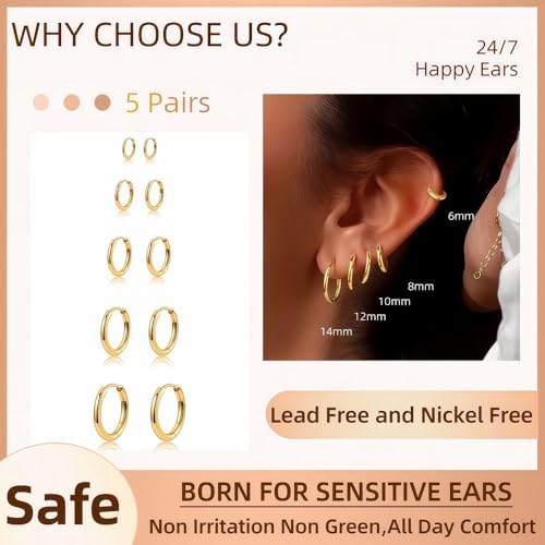 5 Pairs 14K Gold Plated Huggie Hoop Earrings For Women - Lightweight Minimalist Small Hoops Hypoallergenic Nickel-free Lead-free Non-Tarnish Everyday Jewelry For Sensitive Ears Multiple Piercing Stack Set