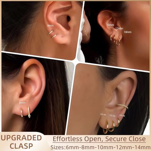 5 Pairs 14K Gold Plated Huggie Hoop Earrings For Women - Lightweight Minimalist Small Hoops Hypoallergenic Nickel-free Lead-free Non-Tarnish Everyday Jewelry For Sensitive Ears Multiple Piercing Stack Set