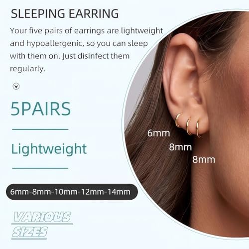 5 Pairs 14K Gold Plated Huggie Hoop Earrings For Women - Lightweight Minimalist Small Hoops Hypoallergenic Nickel-free Lead-free Non-Tarnish Everyday Jewelry For Sensitive Ears Multiple Piercing Stack Set