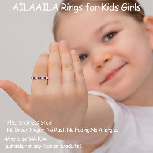 5 Stone Birthstone Rings For Kids Teens Girls Women Size 2-9 Stainless Steel Birthday Mother's Ring Daughter Kids Gifts Eternity Wedding Band Anniversary Ring