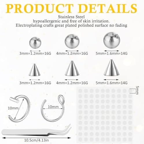 54Pcs Fake Eyebrow Piercing Fake Nose Stud Fake Face Piercings Set 3mm 4mm 5mm With 100 Pcs Stickers For Non-pierced Nose Jewelry Unisex