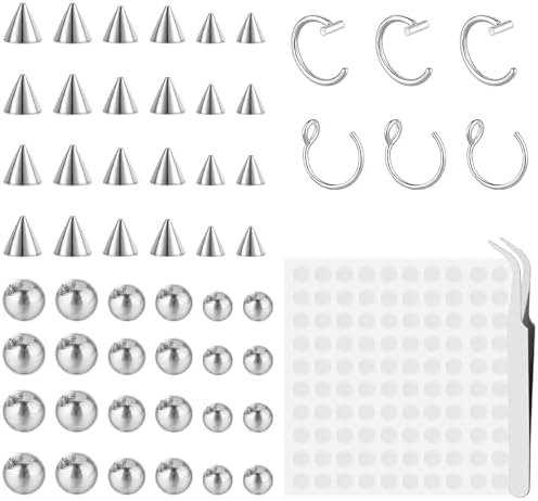 54Pcs Fake Eyebrow Piercing Fake Nose Stud Fake Face Piercings Set 3mm 4mm 5mm with 100 Pcs Stickers for Non-pierced Nose Jewelry Unisex