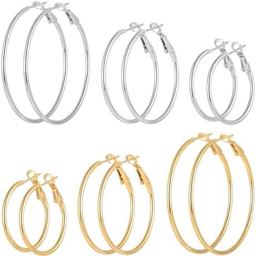 6/8 Pairs Gold Silver Plated Hoop Earrings for Women Hypoallergenic Stainless Steel Gold Hoops Silver Hoop Earrings Set Lightweight Large Small Hoops Women Earrings Loop Earrings Set