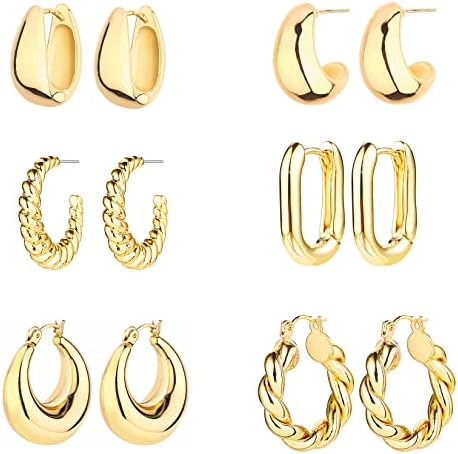 6 Pairs 14K Gold Plated Hoop Earrings for Women Lightweight Chunky Hoop Earrings Multipack Hypoallergenic Thick Open Twisted Huggie Hoops Earring Set Jewelry for Gifts