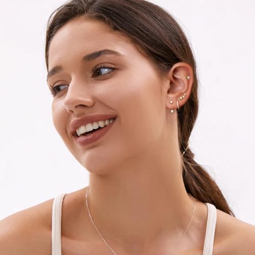 6 Pairs 14K Gold Plated Stud Earrings For Women Hypoallergenic Cartilage Earrings For Multiple Piercing Dainty Small Stackable Earrings Jewelry Set
