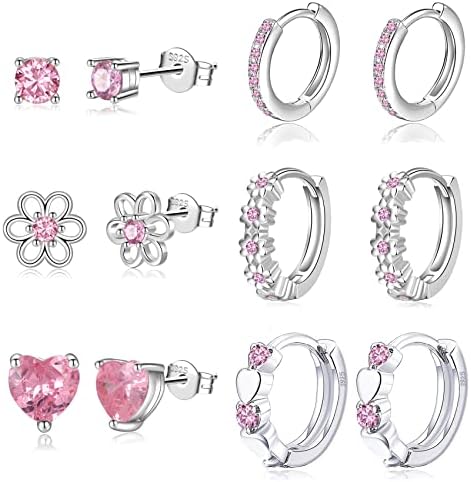 6 Pairs Huggie Hoop Earrings 925 Sterling Silver Stud Sets Cute Heart Hoops Tiny Cubic Zirconia Flower Stud Small Hypoallergenic Cartilage Sleeper Earrings