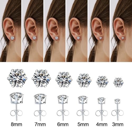 6 Pairs Hypoallergenic Stainless Steel Stud Earrings Cubic Zirconia Earrings Set 14K Gold Plated Multipack 3-8mm