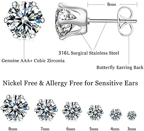 6 Pairs Hypoallergenic Stainless Steel Stud Earrings Cubic Zirconia Earrings Set 14K Gold Plated Multipack 3-8mm