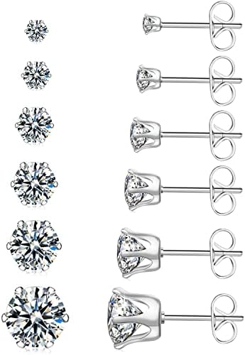 6 Pairs Hypoallergenic Stainless Steel Stud Earrings Cubic Zirconia Earrings Set 14K Gold Plated Multipack 3-8mm