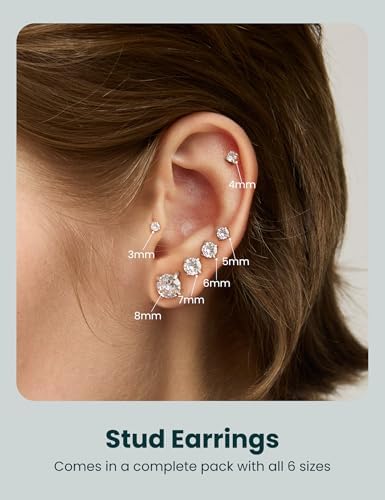 6 Pairs Stud Earrings Set Hypoallergenic Cubic Zirconia 316L Earrings Stainless Steel CZ Earrings 3-8mm (Steel Color)