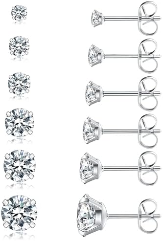 6 Pairs Stud Earrings Set Hypoallergenic Cubic Zirconia 316L Earrings Stainless Steel CZ Earrings 3-8mm (Steel color)