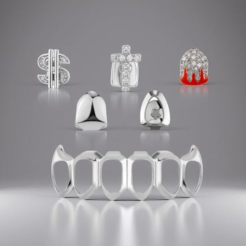 6PCS Gold/Silver Teeth Grillz Set For Men Women – Dollar Sign Cross Flame Tooth & 8 Classic Tops Bottoms – Iced Out Hip Hop Fake Teeth For Party Halloween Cosplay