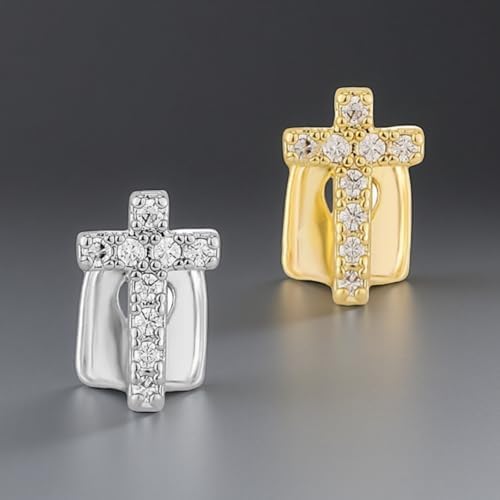 6PCS Gold/Silver Teeth Grillz Set For Men Women – Dollar Sign Cross Flame Tooth & 8 Classic Tops Bottoms – Iced Out Hip Hop Fake Teeth For Party Halloween Cosplay