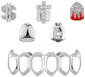 6PCS Gold/Silver Teeth Grillz Set for Men Women – Dollar Sign Cross Flame Tooth & 8 Classic Tops Bottoms – Iced Out Hip Hop Fake Teeth for Party Halloween Cosplay