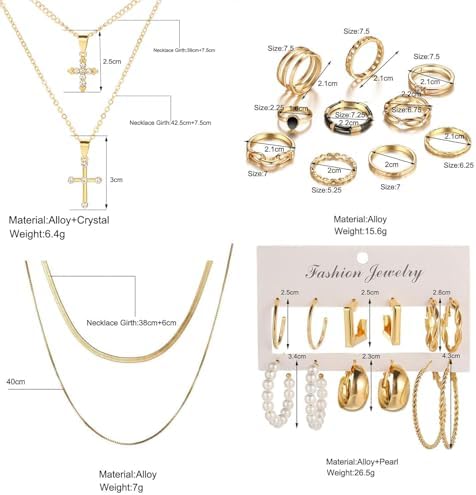 73 Pcs Gold Jewelry Set With 6Pcs Layered Necklace 11 Pcs Anklet And 7Pcs Earring Ear Cuff 12Hoop Earrings 15pcs Rings 21pcs Stud Earrings Jewerly Set For Women Pack For Friendship Party Gift