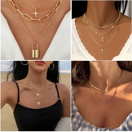 73 Pcs Gold Jewelry Set With 6Pcs Layered Necklace 11 Pcs Anklet And 7Pcs Earring Ear Cuff 12Hoop Earrings 15pcs Rings 21pcs Stud Earrings Jewerly Set For Women Pack For Friendship Party Gift