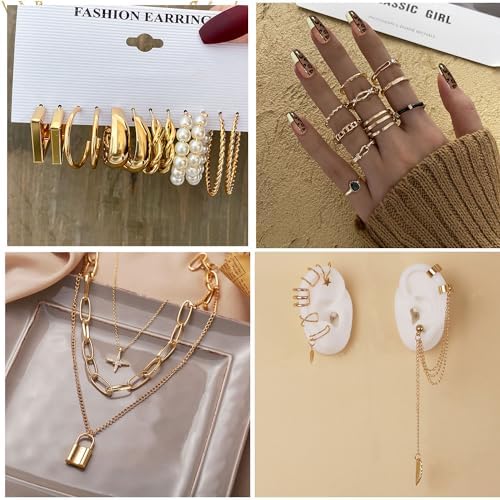 73 Pcs Gold Jewelry Set With 6Pcs Layered Necklace 11 Pcs Anklet And 7Pcs Earring Ear Cuff 12Hoop Earrings 15pcs Rings 21pcs Stud Earrings Jewerly Set For Women Pack For Friendship Party Gift