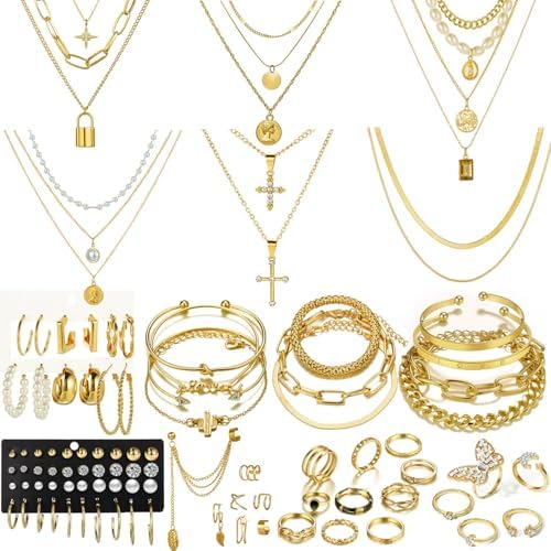 73 Pcs Gold Jewelry Set with 6Pcs Layered Necklace 11 Pcs anklet and 7Pcs Earring Ear Cuff 12Hoop Earrings 15pcs Rings 21pcs stud earrings Jewerly set for Women Pack for Friendship Party Gift