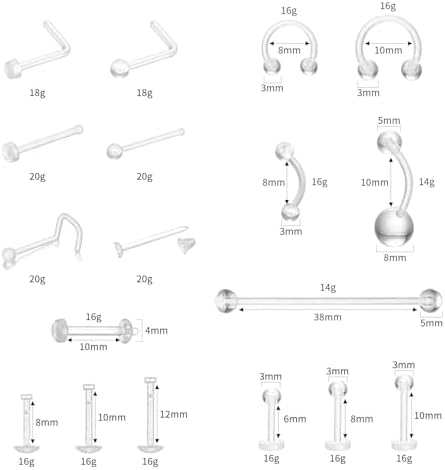 76pcs Clear Piercing Retainer For Surgery Bioflex Nose Rings Clear Earrings For Sports Lip Rings Eyebrow Piercing Jewelry Horseshoe Nose Ring Nipple Ring Dangle Belly Tongue Rings Tragus Piercing Industrial Piercing Jewelry For