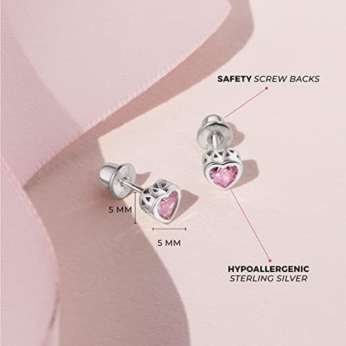 925 Sterling Silver 5mm Girls CZ Heart Earrings Simulated Birthstone Bezel With Screw Back Stud Baby Earrings - Safety Screw Back For Toddlers - Quality Heart Cubic Zirconia Earrings For Kids