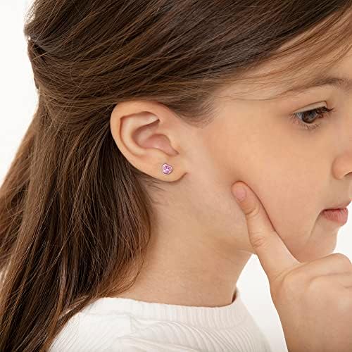 925 Sterling Silver 5mm Girls CZ Heart Earrings Simulated Birthstone Bezel With Screw Back Stud Baby Earrings - Safety Screw Back For Toddlers - Quality Heart Cubic Zirconia Earrings For Kids