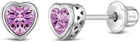 925 Sterling Silver 5mm Girls CZ Heart Earrings Simulated Birthstone Bezel with Screw Back Stud Baby Earrings - Safety Screw Back for Toddlers - Quality Heart Cubic Zirconia Earrings for Kids