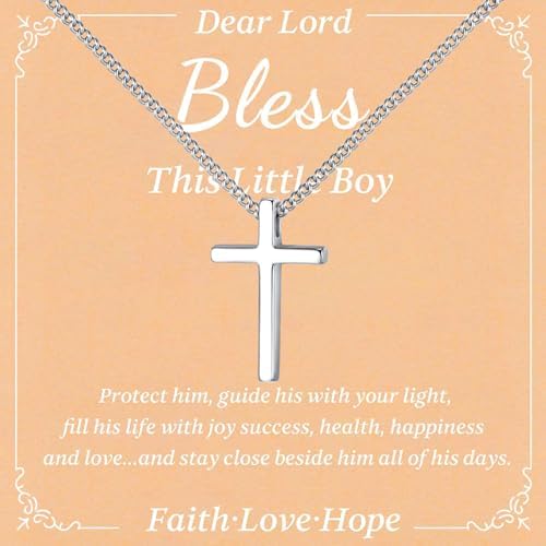 925 Sterling Silver Cross Necklace for Boys - Mini Faith Cross Necklaces for Kids Small Dainty Pendant Jewelry Gifts for Teenage First Communion Baptism Birthday Easter