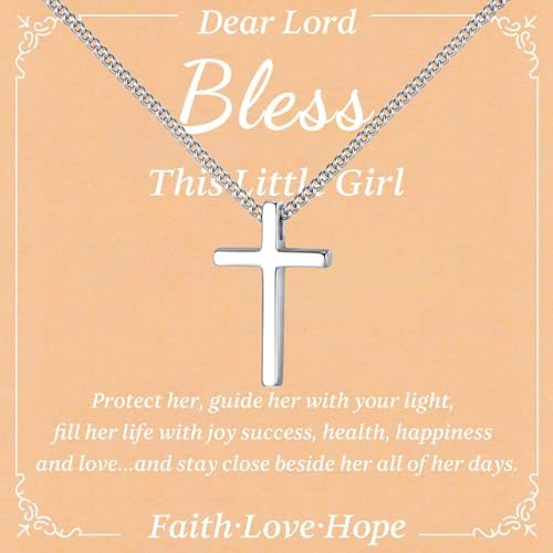 925 Sterling Silver Cross Necklace for Girls - Faith Cross Chain Necklaces for Kids Small Dainty Pendant Jewelry Gifts for Teenager Easter First Communion Baptism Birthday