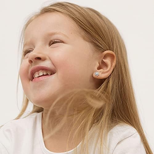 925 Sterling Silver CZ Flower Earrings - Hypoallergenic Screw Back Earrings For Girls & Toddlers - Lightweight 7mm Flower Design