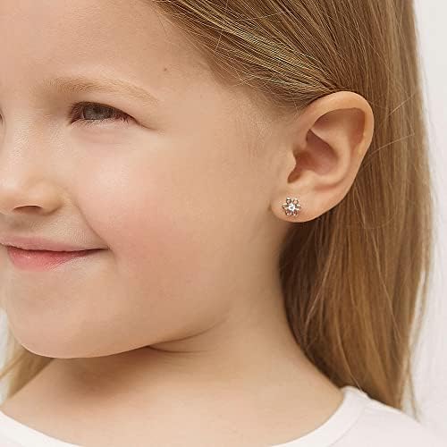 925 Sterling Silver CZ Flower Earrings - Hypoallergenic Screw Back Earrings For Girls & Toddlers - Lightweight 7mm Flower Design