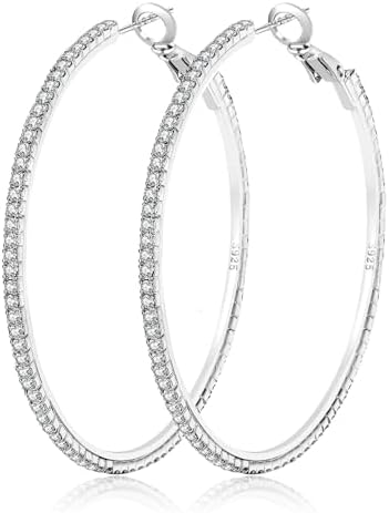 925 Sterling Silver Earrings Large Rhinestone Hoop Earrings Big Cubic Zirconia Hoop Earrings Thin Rhinestones Round Hoop Earrings for Women 20/30/40/50/60/70mm Sparkly Hoops With Crystals for Womens