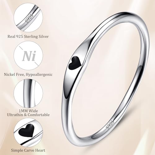 925 Sterling Silver Heart Ring For Women 1mm Ultra Thin 14K Plated Gold Hypoallergenic Wedding Band With Black/Yellow/Red/Blue/Pink Love Promise Stack Travel Jewelry Gifts Size 5-10
