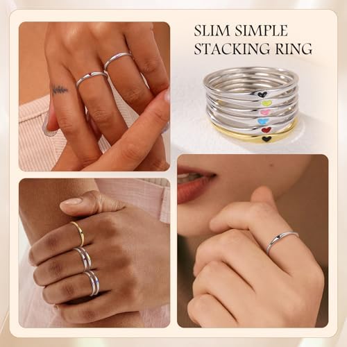 925 Sterling Silver Heart Ring For Women 1mm Ultra Thin 14K Plated Gold Hypoallergenic Wedding Band With Black/Yellow/Red/Blue/Pink Love Promise Stack Travel Jewelry Gifts Size 5-10