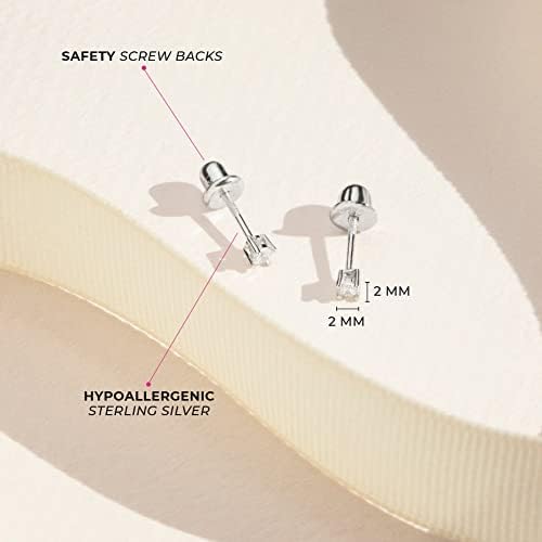 925 Sterling Silver Kids 2mm-5mm Clear Cubic Zirconia Round Stud Solitaire Screw Back Earrings For Babies & Toddlers - Baby Girl Earrings With Safety Screw Backs For Infant And Toddler Children