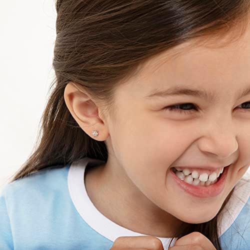 925 Sterling Silver Kids Earrings With 5mm Flower & Screw Backs For Young Girls - Dainty CZ Flower Screw Backs For Toddlers And Little Girls - Cubic Zirconia Floral Studs For Children