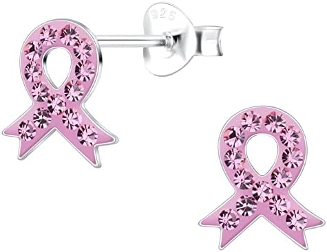 925 Sterling Silver Pink Crystals Breast Cancer Ribbon Or Your Choice Colors Stud Earrings