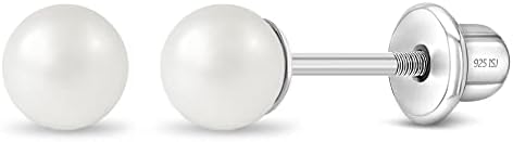 925 Sterling Silver Simulated Pearl Baby Earrings in 3mm-5mm for Toddlers & Young Girls - Hypoallergenic Safety Screw Back Earrings with White Simulated Pearls for Kids