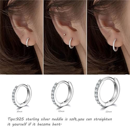925 Sterling Silver Small Hoop Earrings Cubic Zirconia Huggie Hoop Earrings 3 Pairs 14K White Gold Plated Cartilage Piercing Earrings Ear Cuff Tiny Hoop Earrings For Women Men