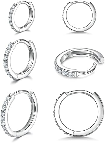 925 Sterling Silver Small Hoop Earrings Cubic Zirconia Huggie Hoop Earrings 3 Pairs 14K White Gold Plated Cartilage Piercing Earrings Ear Cuff Tiny Hoop Earrings for Women Men